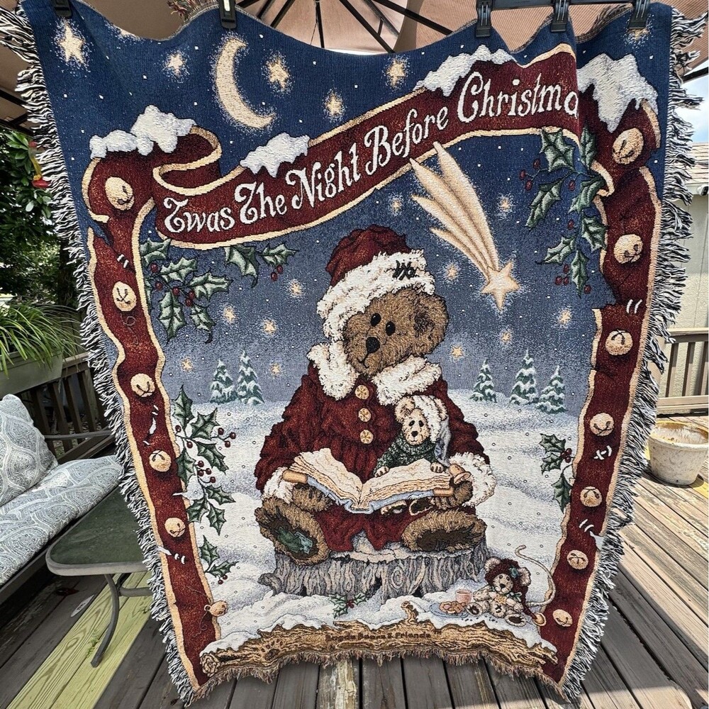 Vtg Boyds Bears Night Before Christmas Teddy Woven Throw Blanket Tapestry